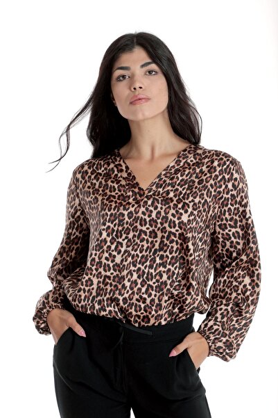 Eranthe Bluza Dama cu Decolteu in V, Satin Leopard, Maro
