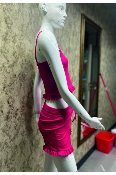 MAK İp Askılı Şortlu Fırfır Pjama Takım Kırmızı