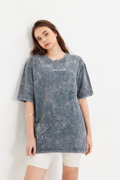 BELISTIL Tricou oversize gri cu detalii stea și perle, lavabil