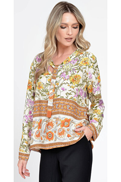 Eranthe Bluza Dama cu Maneca lunga si Funda, Bej cu Imprimeu Combinat
