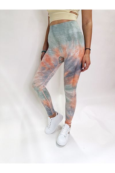 IFASTFASHION Women’s Tie-Dye High Waist Seamless Leggings – Stretch Workout Tights, Peach & Sage Mix, Slim Fit