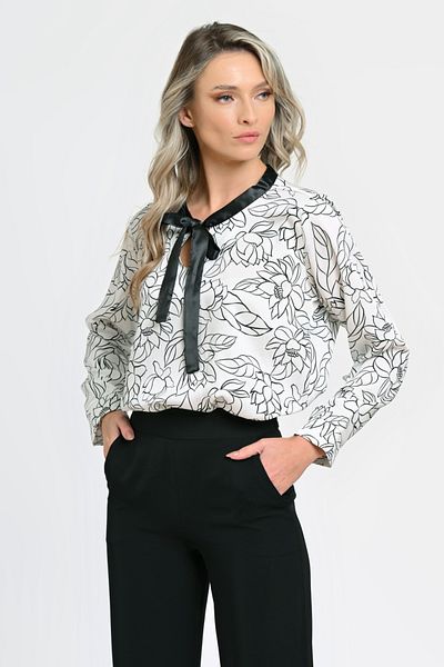 Eranthe Women's Blouse with Thin Bow, Black and White with Print