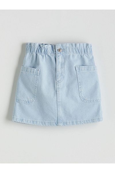 LC Waikiki Blue Elastic Waist Girl's Cargo Jean Skirt