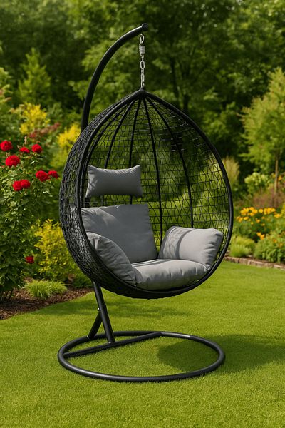 ECARLA Leagan tip cuib, fotoliu suspendat, maxim 130 kg, cocoon negru si perne gri, JollyMag, KR23