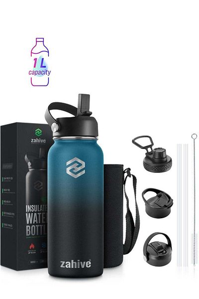 StainlessSteelBYZ Zahive Insulated Stainless Steel Water Bottle with Straw with 3 Lids and Bag 1000 ml, Double Wall Th