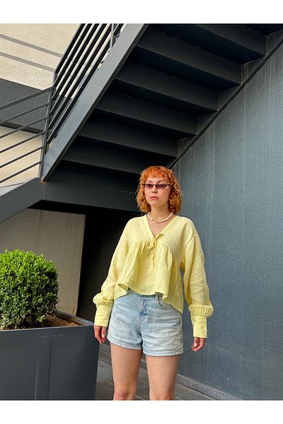 Bak'ap Premium Butter Yellow Yellow Muslin Frilly Μπλούζα