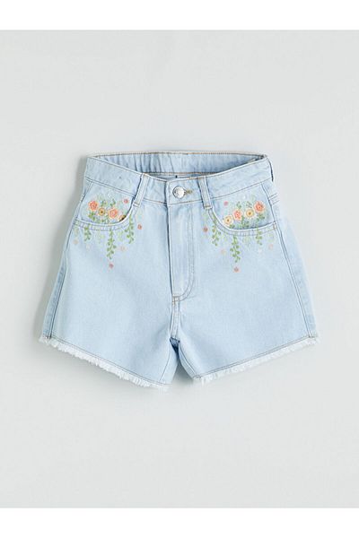 LC Waikiki New Season Floral Embroidered Girls Jean Shorts