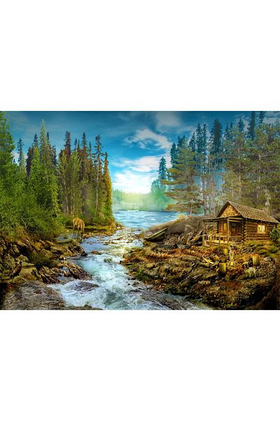 Enjoy Puzzle 1000 pieces Enjoy - A Log Cabin by the Rapids