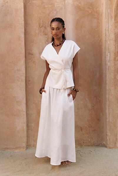 BOHEMAİ Fiametta Casual Ecru Linen Vest Skirt Suit