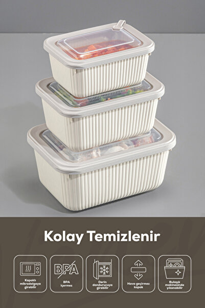 Vienev 3-Piece Vip Rectangular Microwave and Diffuse Suitable Storage Container Set Beige 1X(1750,1050,600 ml)