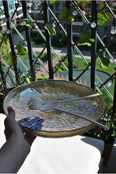 Qualitev Handmade Smoked Glass Salad Bowl with Spoon Presentation Plate Fruit Bowl 28 Cm-Enzo 1 Piece