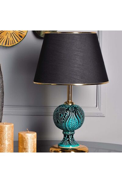 Genel Markalar Light Sardes Çini Detaylı Seramik Abajur - Siyah Şapka / Gold Ayak