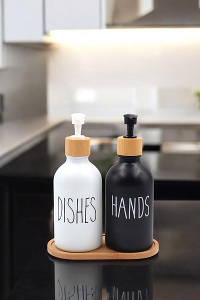 LUMİNA Premium Glass Liquid Soap Dispenser Set – 2 Pcs |   Bamboo Base |   500ml |   Aesthetic & Functional- 3 Pieces