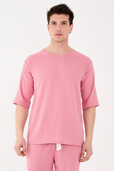 RELAXL 100% bumbac Şile Tricou lung de bază roz cu gâtul O