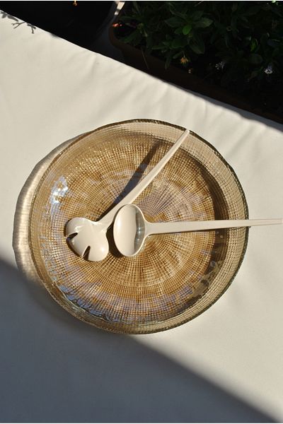Qualitev Handmade Smoked Glass Salad Bowl with Spoon Presentation Plate Fruit Bowl 28 Cm-Enzo 1 Piece
