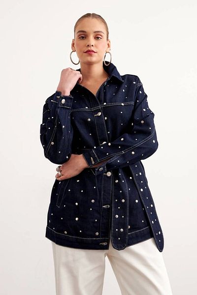 Ecenin Favorileri Jachetă lungă de damă din denim cu centură cu împânzire