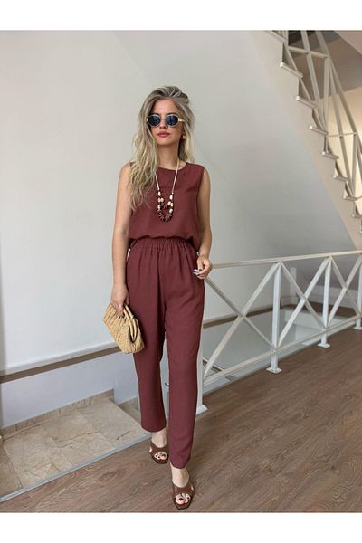 My Blog Tile Necklace Blouse Trousers Set - 8757