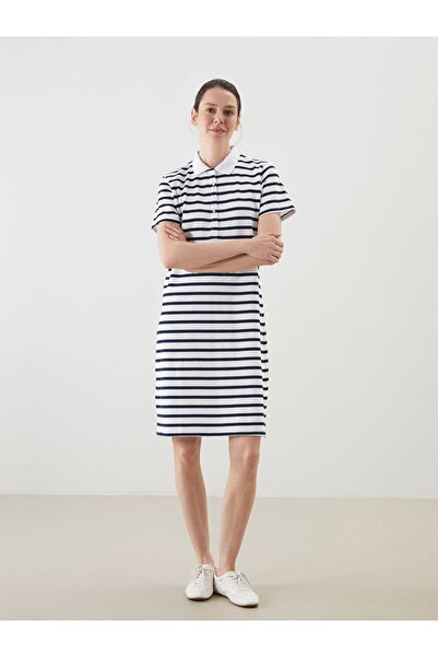 LC Waikiki Lcwaikiki classic navy blue polo neck striped a-line dress