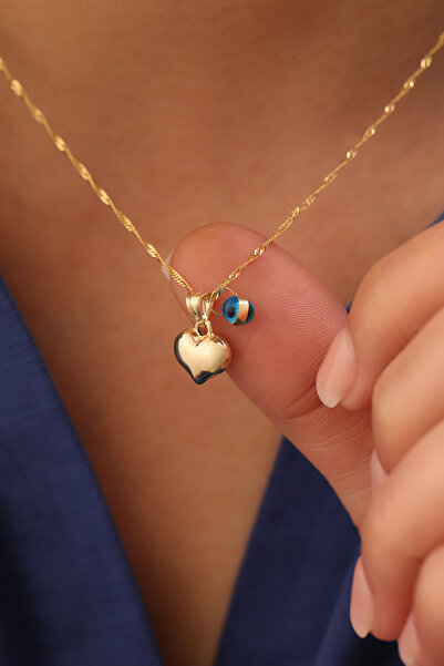 YAVUZ KUYUMCULUK 14 Ayar Altın Singapur Zincir Nazar Boncuklu Kalp Kolye