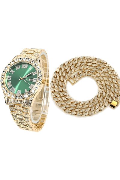 THO Set Ceas Iced Out Gold Green Colier Cuban Chain Iced Out, Auriu