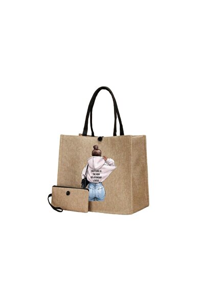 The Casius. Linen Tote Bag With Wallet, Girl With White Hoodie Pattern, 34x31x15x15 Cm, ​​Beige Color