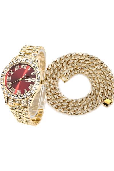 THO Iced Out Gold Red Watch Set + Iced Out Cuban Chain Necklace, gold