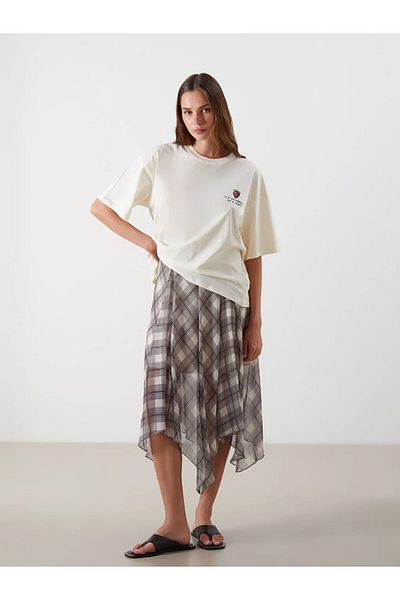 LC Waikiki Lcw Vision Beige Waist Zipper Plaid A-Line Skirt