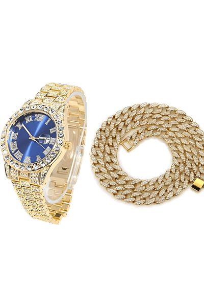 THO Iced Out Gold Blue Watch Set + Cuban Chain Iced out Necklace, zircon inserts, stainless steel