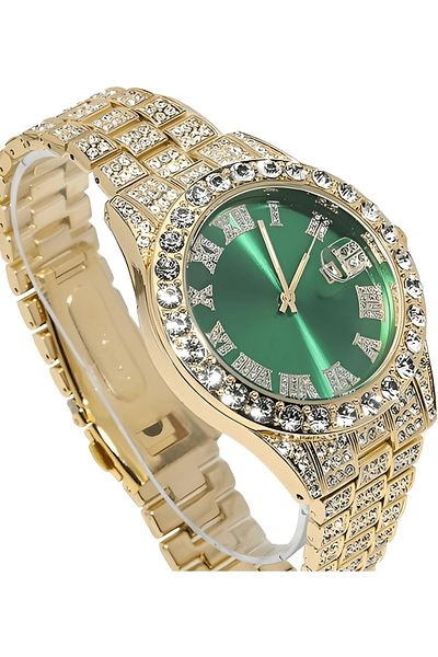 THO Set Ceas Iced Out Gold Green Colier Cuban Chain Iced Out, Auriu