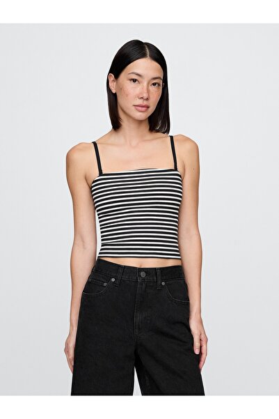GAP Kadın Siyah Beyaz Çizgili CloseKnit Crop Üst