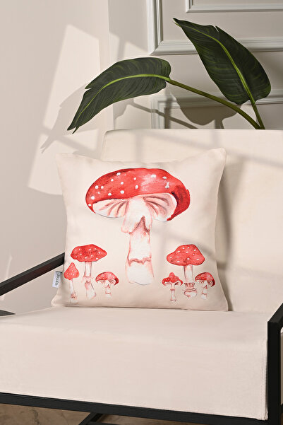 decofav Husă de pernă din țesătură tip fagure cu model roșu ciuperci – 43x43 cm