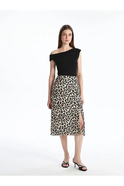 LC Waikiki Lcwaikiki Classic Beige Elastic Waist Leopard Patterned Skirt