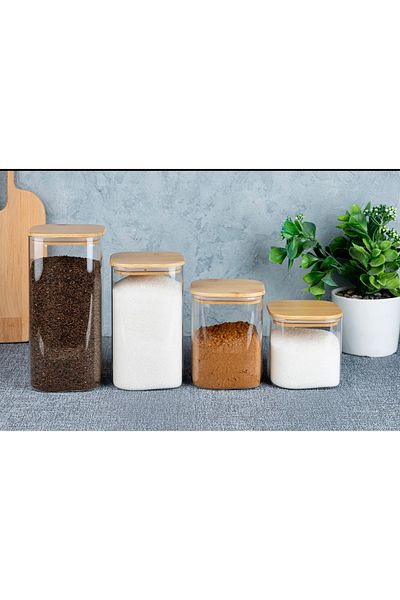 Kitchen Pembelia 4-piece bamboo vacuum lid borosilicate glass square tea sugar salt coffee bean storage jar set