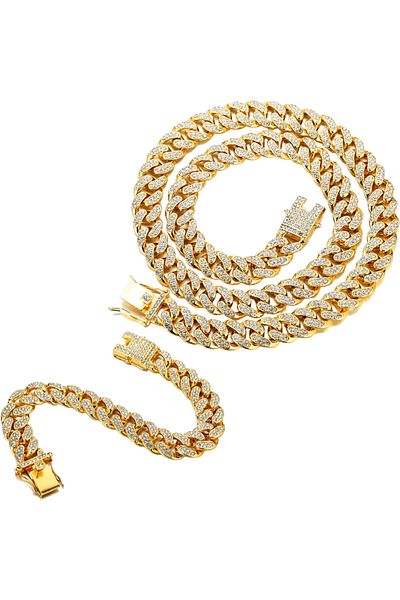 THO Set Cuban Gold Iced Out , model unisex , fabricate din inox , colier 50cm , bratara 20 cm