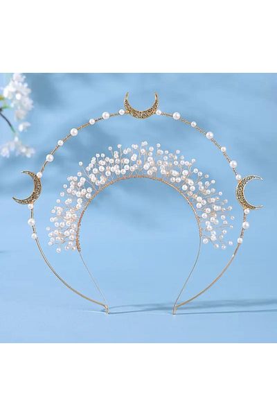 Store Moon Motif Pearl Detailed Princess Crown – Fantastic Crown in Gold Color