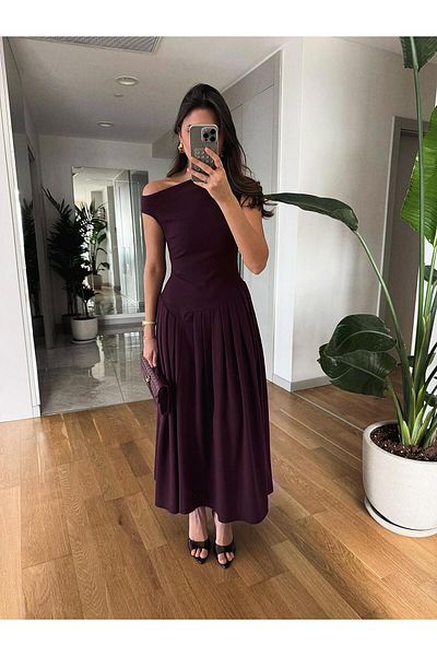 FMN Collection Boat Neck Waist Fitted Fold Wide Bell Skirt Design Equivalent Pinterest Midi Length Tok Fabric Dress