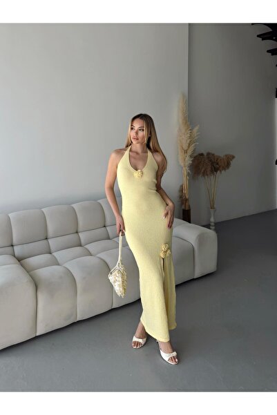 novalook Kadın Çiçek Detaylı Yırtmaçlı Halter Yaka Triko Elbise – Yazlık Şık ...