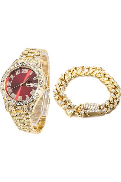 THO Iced Out Gold Red Watch Set + Cuban Bracelet, gold