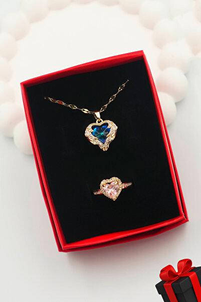 TREND COLLECTİON Paslanmaz Çelik Gold Okyanus Kalp Kolye Ve Pandora's Yüzük Set
