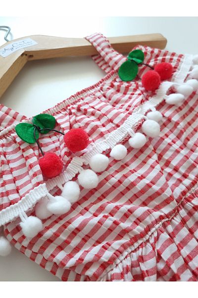 AyCaTa Girl's Cherry Detailed Checkered Red Luxury Dress