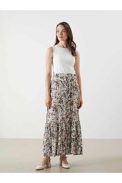 LC Waikiki LCW Grace Bej Fusta A-Line Floral cu talie elastică
