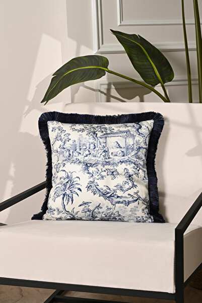 decofav Husă de pernă din catifea cu franjuri bleumarin cu model Toile – 43x4...