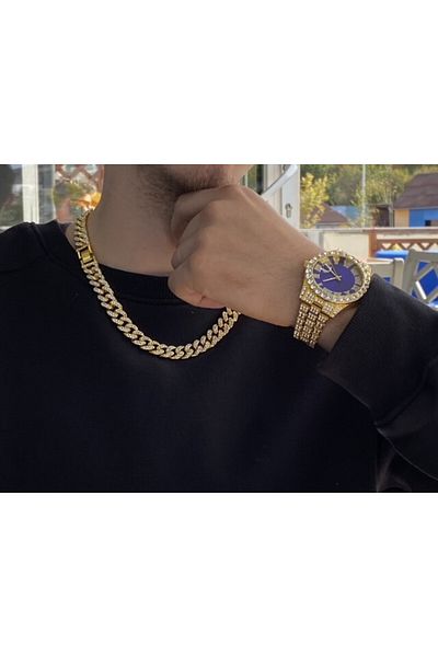 THO Iced Out Gold Blue Watch Set + Cuban Chain Iced out Necklace, zircon inserts, stainless steel
