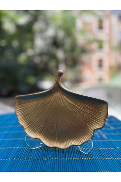 Lydia Accessory Gold Color Fan Leaf Form Decorative Tray – Modern Tabletop Ornament and Presentation Jewelry Plate