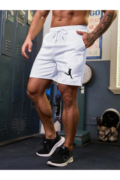 dont quıt Men's White Shorts Slimfit Mold Football Player Printed Cotton Fabric