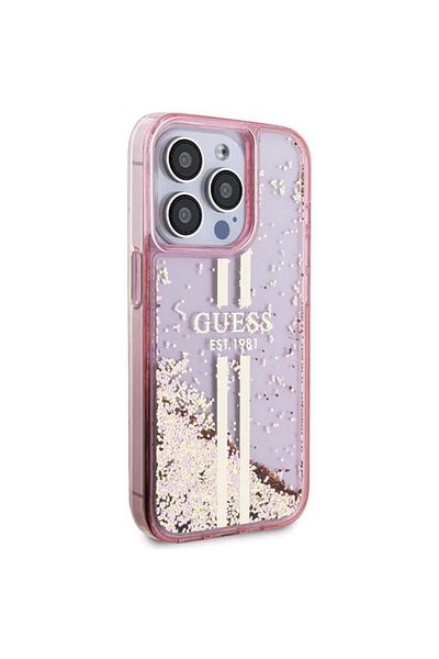 Guess Case Liquid Glitter Gold Stripe Iphone 15 Pro Pink