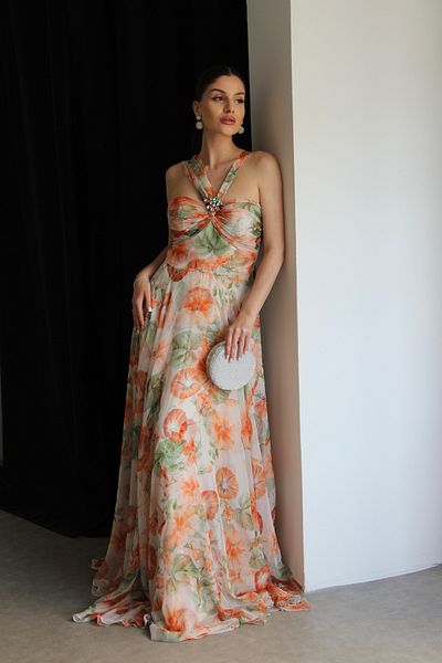 Julidress Chiffon Satin Crystal Jewel Brooch Strapless Neckline Strap Evening Dress Premium Designer Dress