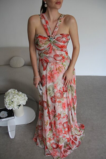 Julidress Şifon Saten Kristal Taşlı Broşlu Straplez Yaka Askılı Abiye Premium Tasarım Elbise