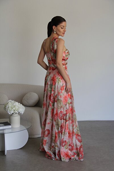 Julidress Şifon Saten Kristal Taşlı Broşlu Straplez Yaka Askılı Abiye Premium Tasarım Elbise