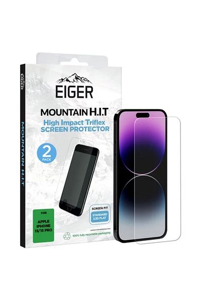 EIGER Folie Clear Triflex H.I.T iPhone 15 / 15 Pro, pachet de 2 buc, Clear